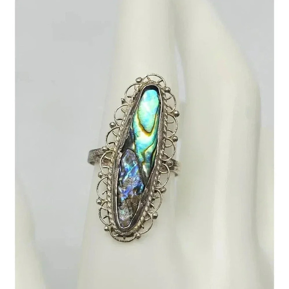 Sterling Silver Abalone Ring Vintage Taxco Mexican 925 Intricate Detailing - Picture 1 of 7